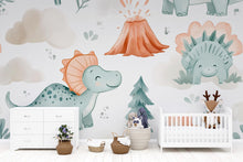 Load image into Gallery viewer, Cute Dinosaur Nursery Wallpaper – Cartoon Dino Wall Mural for Baby Room Playroom Stylish Kids Decor 3D Wallpaper Modern Bold Holiday Gift