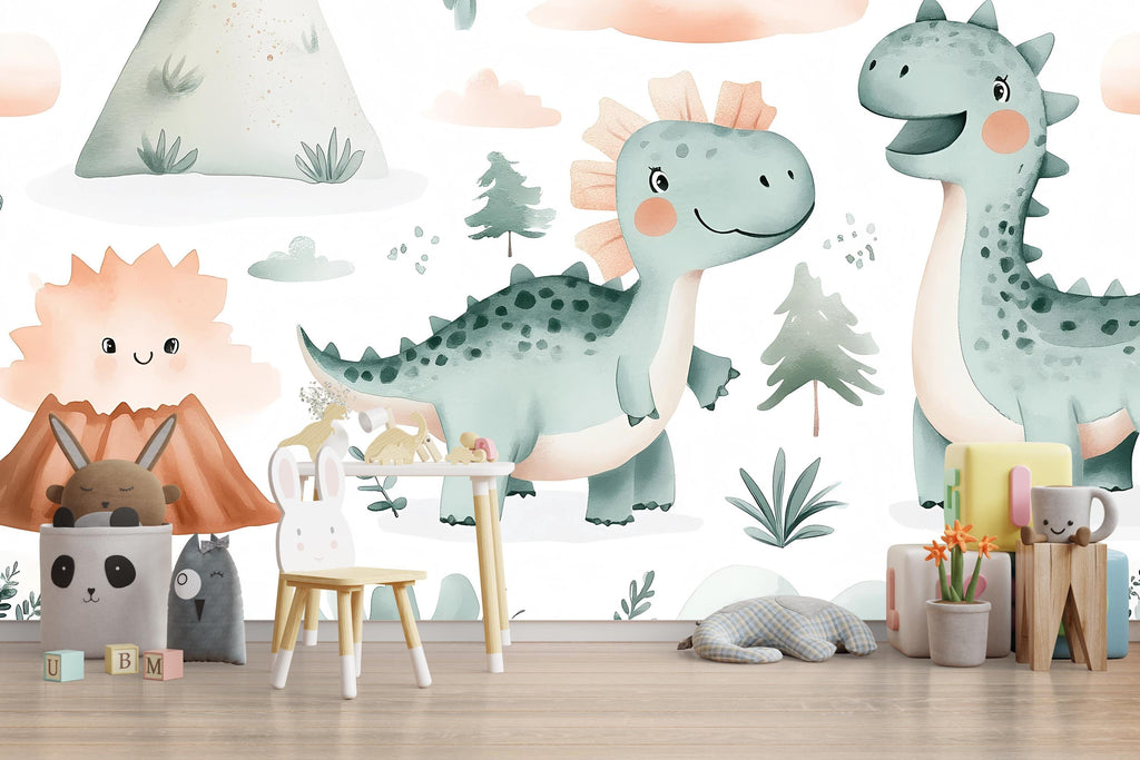 Cute Dinosaur Nursery Wallpaper – Cartoon Dino Wall Mural for Baby Room Playroom Stylish Kids Wall Decor 3D Wallpaper Modern Bold Holiday