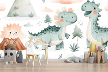 Load image into Gallery viewer, Cute Dinosaur Nursery Wallpaper – Cartoon Dino Wall Mural for Baby Room Playroom Stylish Kids Wall Decor 3D Wallpaper Modern Bold Holiday