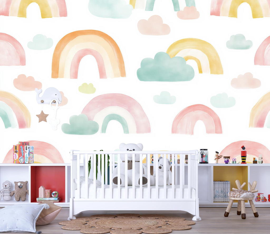 Rainbow Nursery Wallpaper, Kids Room Wall Mural, Colorful Baby Room Decor, Peel and Stick Cloud Wall Art, Modern Gender Neutral Playroom
