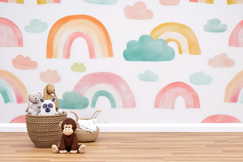 Rainbow Nursery Wallpaper, Kids Room Wall Mural, Colorful Baby Room Decor, Peel and Stick Cloud Wall Art, Modern Gender Neutral Playroom