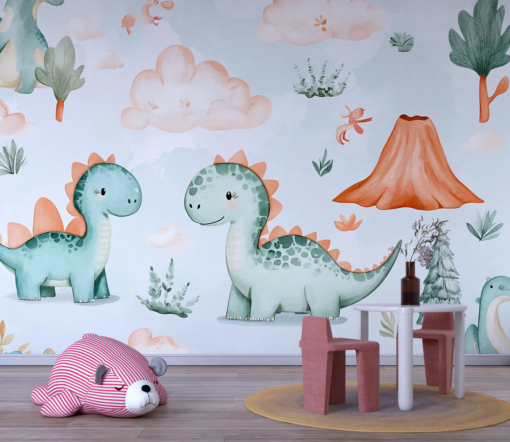 Dinosaur Nursery Wallpaper, Cute Dino Wall Mural for Kids Room, Peel and Stick Baby Room Decor, Playroom Wall Art Gift, Modern Stylish