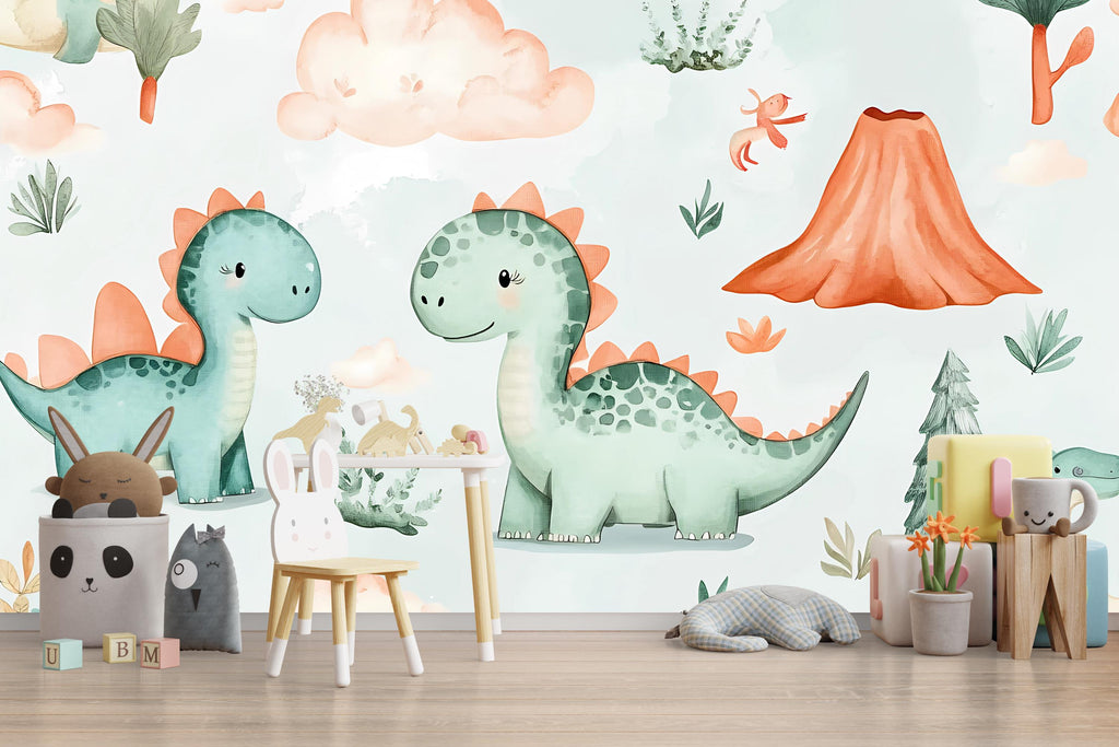 Dinosaur Nursery Wallpaper, Cute Dino Wall Mural for Kids Room, Peel and Stick Baby Room Decor, Playroom Wall Art Gift, Modern Stylish