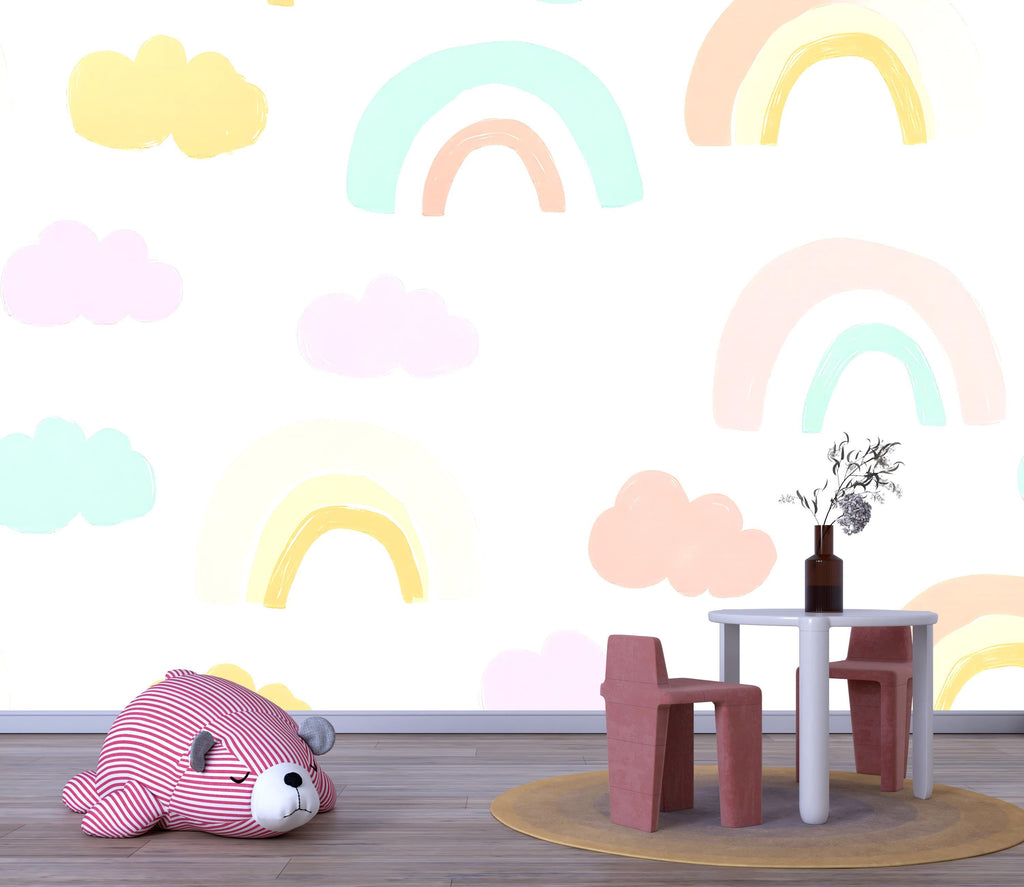Rainbow Nursery Wallpaper, Pastel Cloud Wall Mural for Kids Room, Peel and Stick Baby Room Decor, Gender Neutral Playroom Gift, Modern