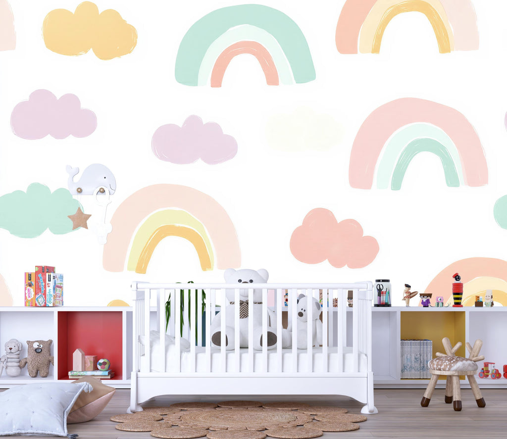 Rainbow Nursery Wallpaper, Pastel Cloud Wall Mural for Kids Room, Peel and Stick Baby Room Decor, Gender Neutral Playroom Gift, Modern