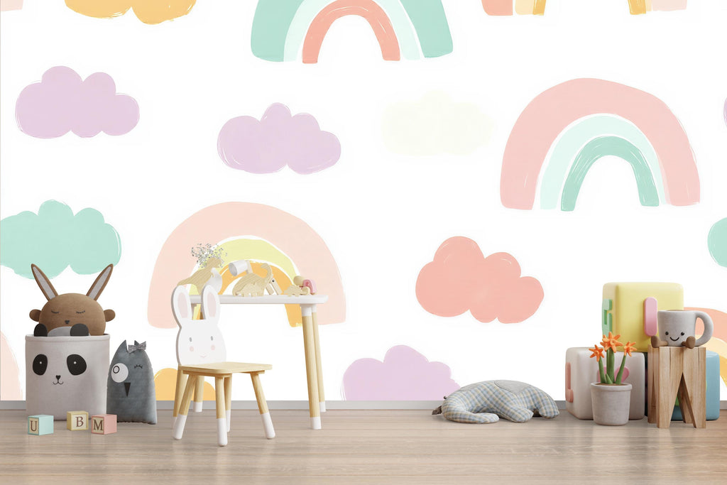 Rainbow Nursery Wallpaper, Pastel Cloud Wall Mural for Kids Room, Peel and Stick Baby Room Decor, Gender Neutral Playroom Gift, Modern