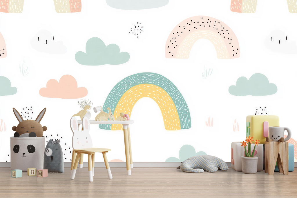 Rainbow Cloud Nursery Wallpaper, Playful Pastel Kids Wall Mural, Peel and Stick Baby Room Decor, Gender Neutral Playroom Art, Stylish Modern