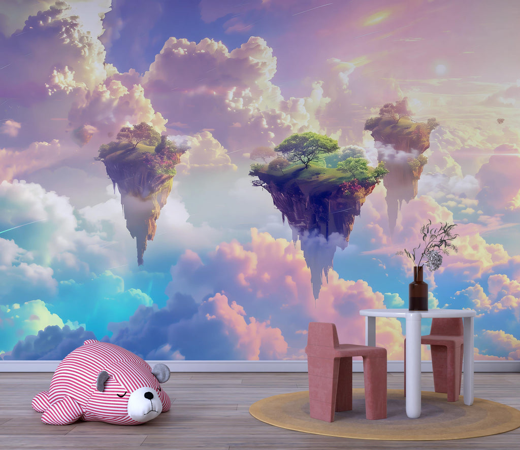 Fantasy Floating Island Wallpaper Mural, Surreal Sky Cloud Wall Art, Dreamy Kids Room Decor, Bold Modern 3D Wallpaper for Bedroom or Nursery