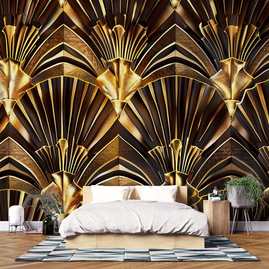 Luxury Gold Art Deco Wallpaper, 3D Geometric Wall Mural, Modern Glam Wall Decor, Stylish Bold Accent For Bedroom Living Room Office
