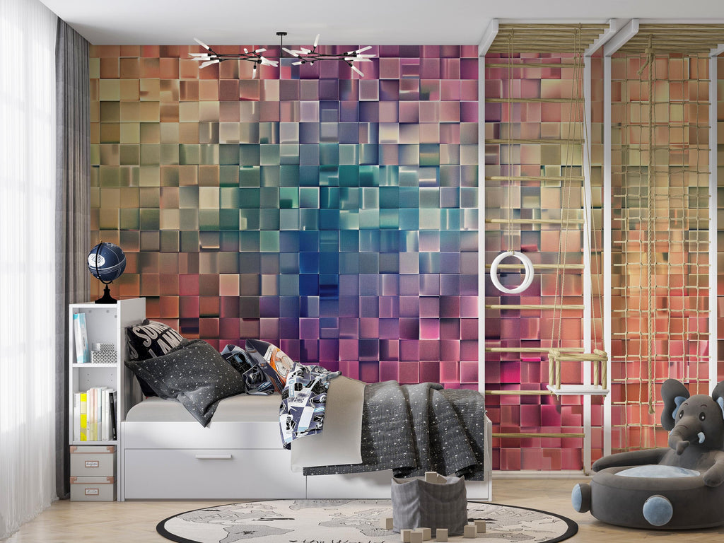 3D Colorful Cube Wallpaper, Modern Geometric Wall Mural, Bold Rainbow Room Decor, Stylish Peel and Stick Accent Wall Art