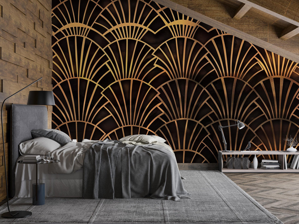 Art Deco Gold Fan Wallpaper, Glamorous Black and Gold Wall Mural, Modern Geometric Accent Wall, Stylish Peel and Stick Wall Decor