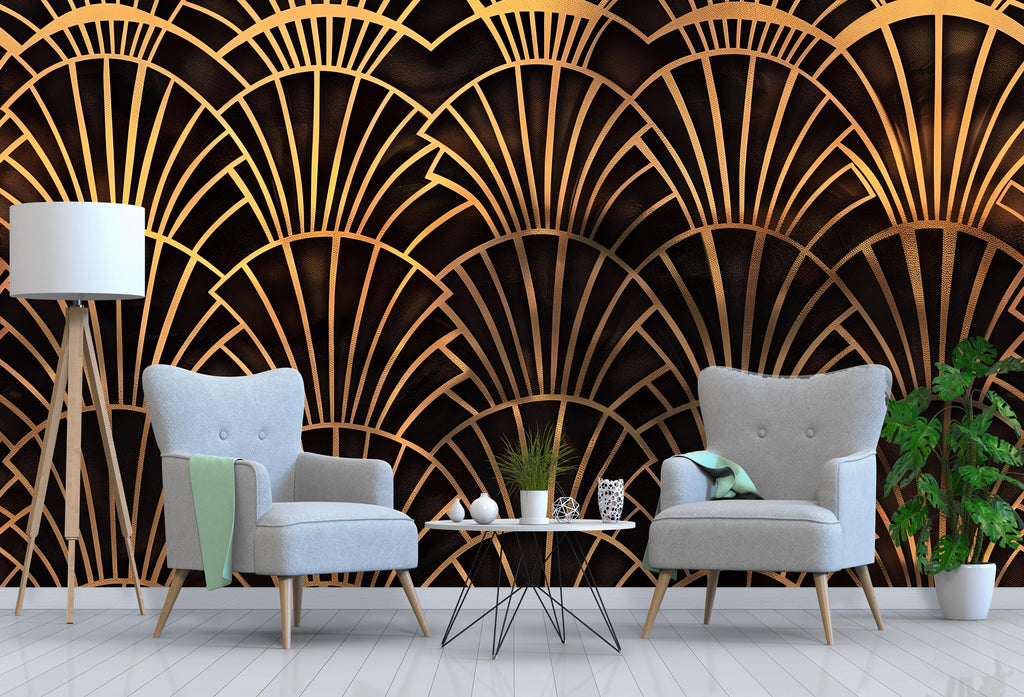 Art Deco Gold Fan Wallpaper, Glamorous Black and Gold Wall Mural, Modern Geometric Accent Wall, Stylish Peel and Stick Wall Decor