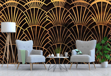 Load image into Gallery viewer, Art Deco Gold Fan Wallpaper, Glamorous Black and Gold Wall Mural, Modern Geometric Accent Wall, Stylish Peel and Stick Wall Decor