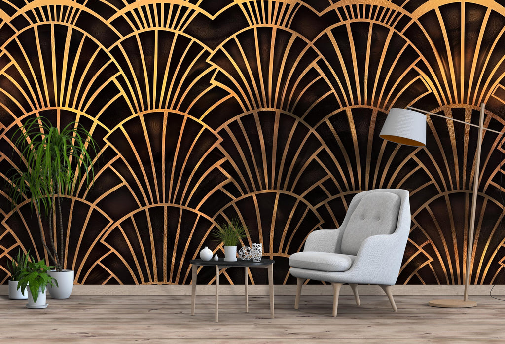 Art Deco Gold Fan Wallpaper, Glamorous Black and Gold Wall Mural, Modern Geometric Accent Wall, Stylish Peel and Stick Wall Decor