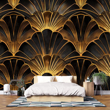 Load image into Gallery viewer, Art Deco Gold Fan Wallpaper, Black and Gold Glam Wall Mural, Modern Geometric Accent Wall Decor, Luxury Peel and Stick Stylish Room Wall