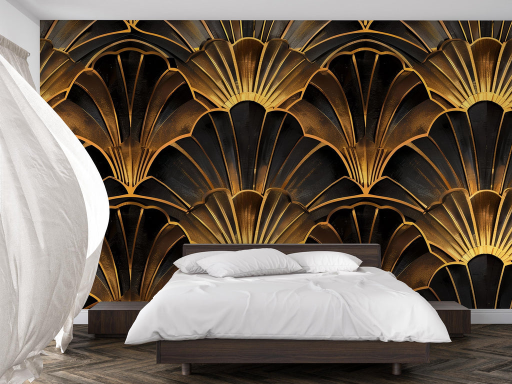 Art Deco Gold Fan Wallpaper, Black and Gold Glam Wall Mural, Modern Geometric Accent Wall Decor, Luxury Peel and Stick Stylish Room Wall