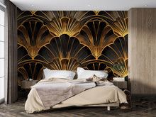 Load image into Gallery viewer, Art Deco Gold Fan Wallpaper, Black and Gold Glam Wall Mural, Modern Geometric Accent Wall Decor, Luxury Peel and Stick Stylish Room Wall