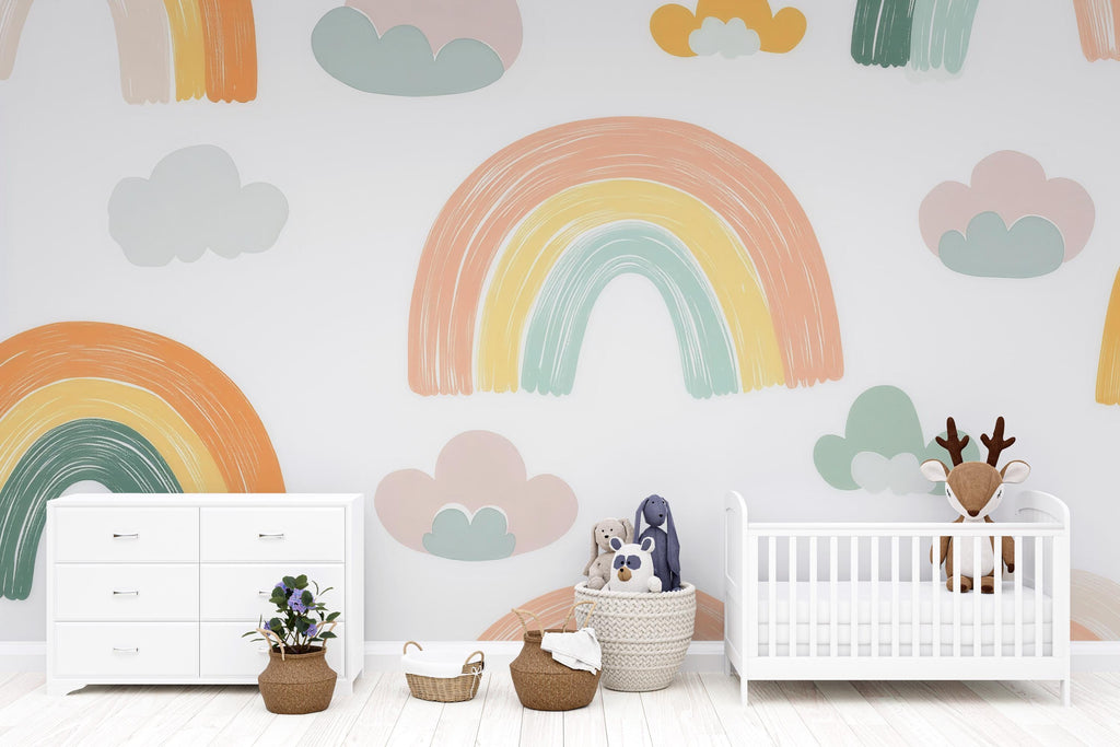 Rainbow Cloud Nursery Wallpaper, Hand Painted Pastel Kids Wall Mural, Peel and Stick Baby Room Decor, Gender Neutral Playroom Art, Modern