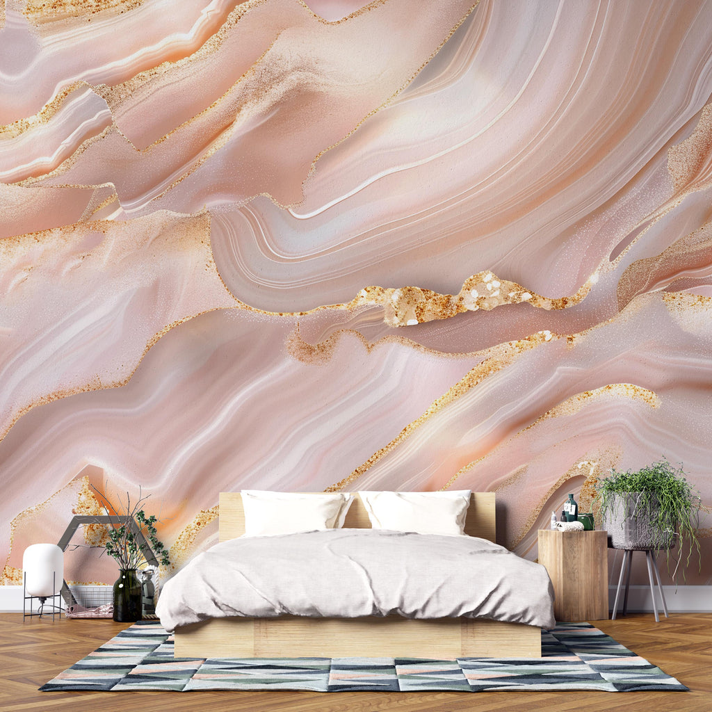 Blush Pink Marble Wallpaper, Gold Vein Wall Mural, Luxury Modern Bedroom Decor, Elegant Stone Design Peel and Stick Stylish Room Wallpaper