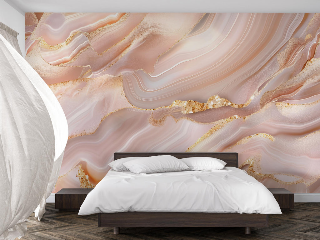 Blush Pink Marble Wallpaper, Gold Vein Wall Mural, Luxury Modern Bedroom Decor, Elegant Stone Design Peel and Stick Stylish Room Wallpaper