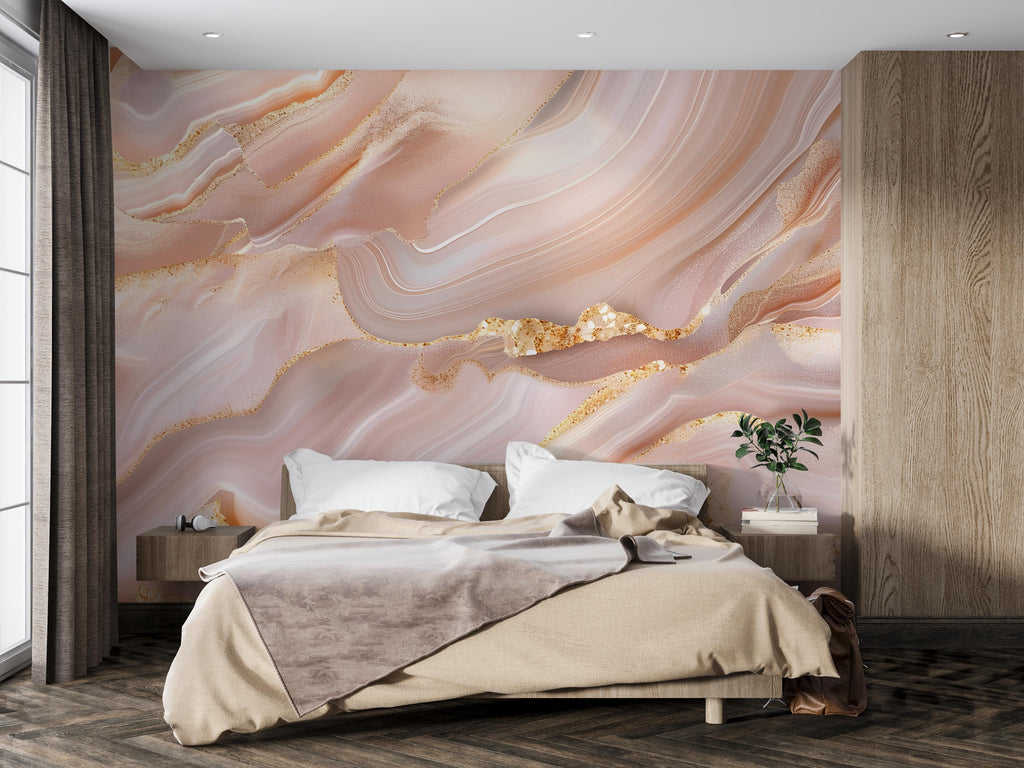 Blush Pink Marble Wallpaper, Gold Vein Wall Mural, Luxury Modern Bedroom Decor, Elegant Stone Design Peel and Stick Stylish Room Wallpaper