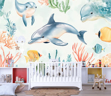 Load image into Gallery viewer, Dolphin Ocean Nursery Wallpaper, Underwater Sea Life Wall Mural, Peel and Stick Baby Room Decor, Kids Playroom Aquarium Theme, Modern