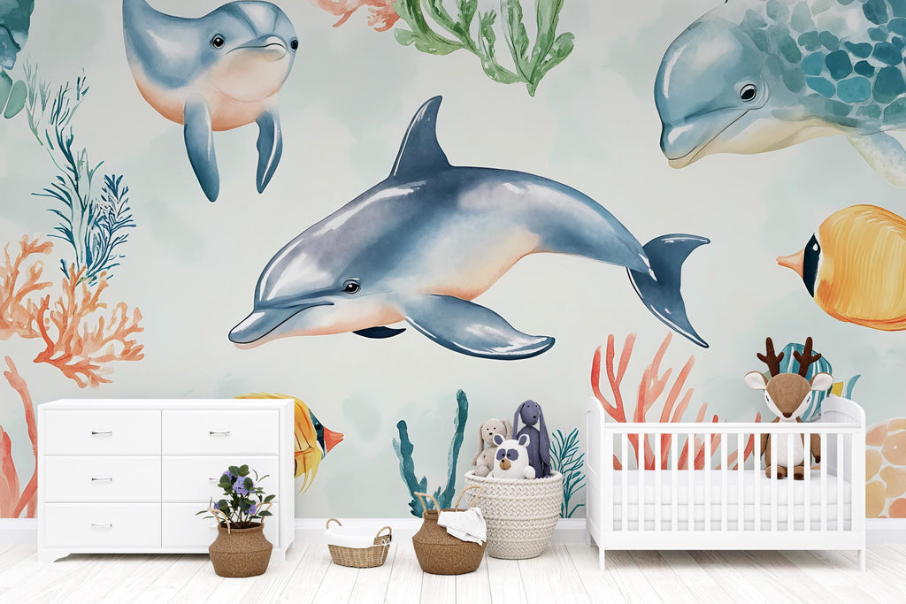 Dolphin Ocean Nursery Wallpaper, Underwater Sea Life Wall Mural, Peel and Stick Baby Room Decor, Kids Playroom Aquarium Theme, Modern