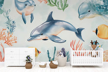 Load image into Gallery viewer, Dolphin Ocean Nursery Wallpaper, Underwater Sea Life Wall Mural, Peel and Stick Baby Room Decor, Kids Playroom Aquarium Theme, Modern