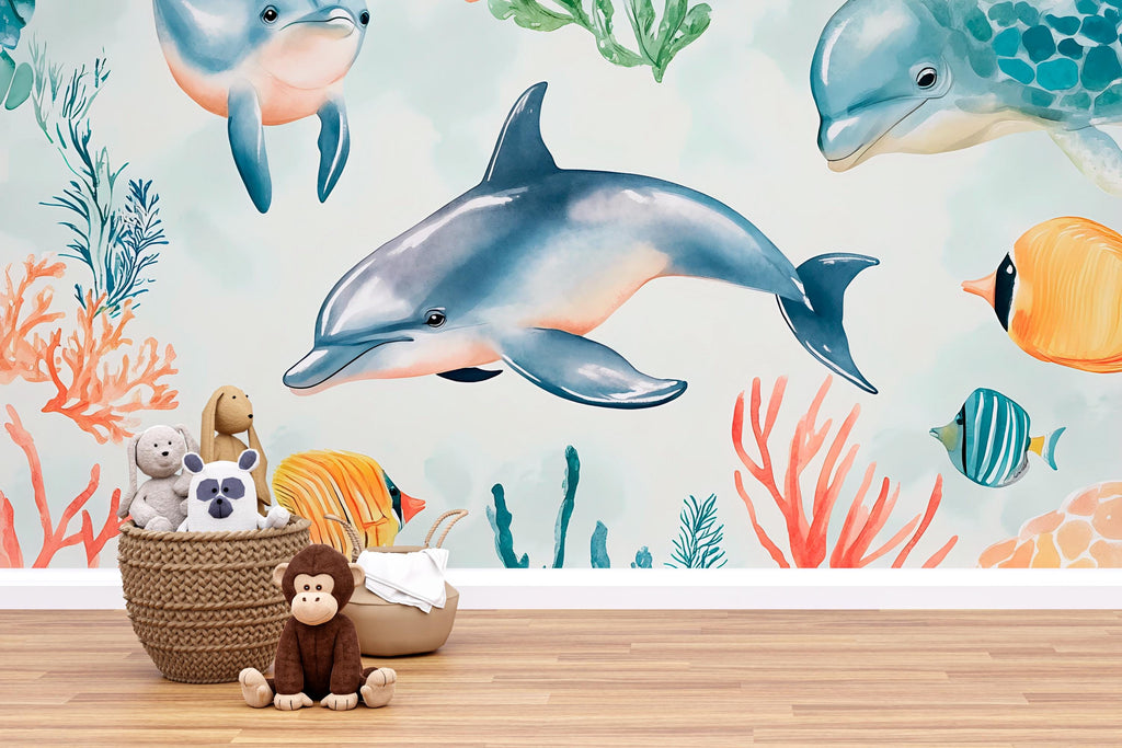 Dolphin Ocean Nursery Wallpaper, Underwater Sea Life Wall Mural, Peel and Stick Baby Room Decor, Kids Playroom Aquarium Theme, Modern