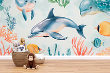 Load image into Gallery viewer, Dolphin Ocean Nursery Wallpaper, Underwater Sea Life Wall Mural, Peel and Stick Baby Room Decor, Kids Playroom Aquarium Theme, Modern