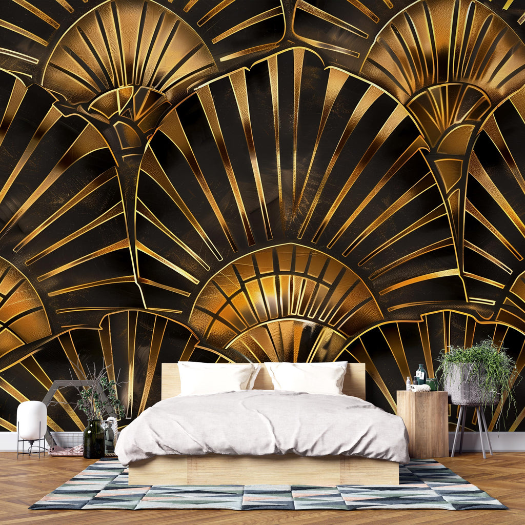Art Deco Gold Wallpaper, Luxury Geometric Wall Mural, Bold Black and Gold Room Accent, Modern Glam Peel and Stick Stylish Wall Decor