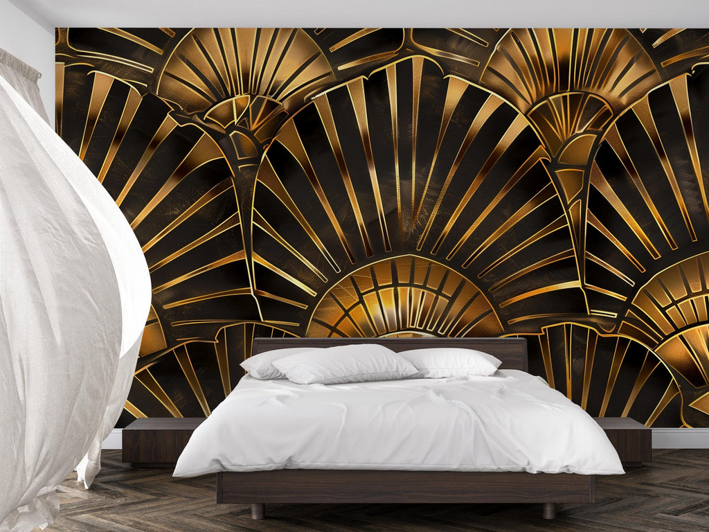 Art Deco Gold Wallpaper, Luxury Geometric Wall Mural, Bold Black and Gold Room Accent, Modern Glam Peel and Stick Stylish Wall Decor