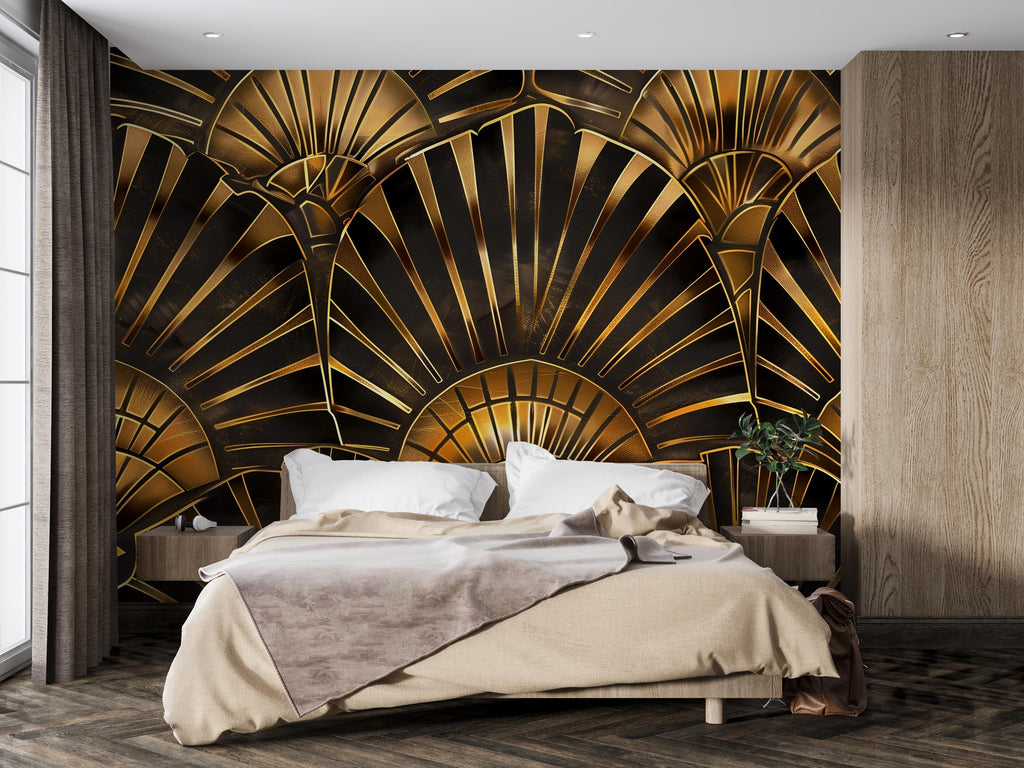 Art Deco Gold Wallpaper, Luxury Geometric Wall Mural, Bold Black and Gold Room Accent, Modern Glam Peel and Stick Stylish Wall Decor