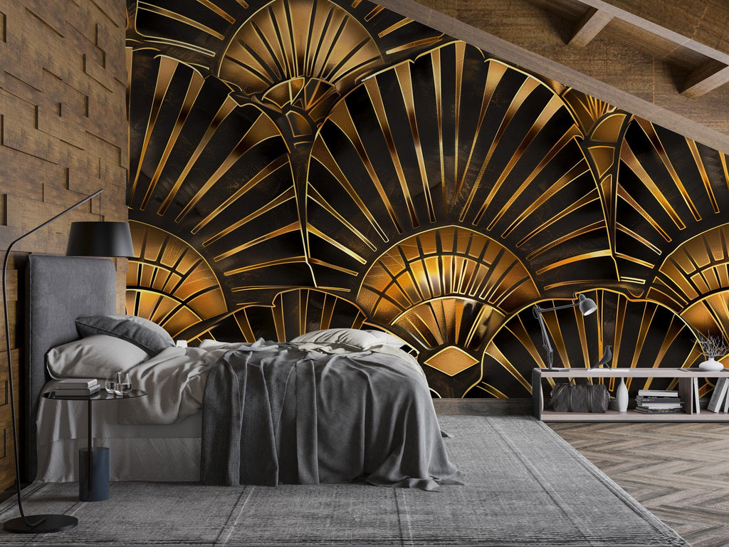 Art Deco Gold Wallpaper, Luxury Geometric Wall Mural, Bold Black and Gold Room Accent, Modern Glam Peel and Stick Stylish Wall Decor