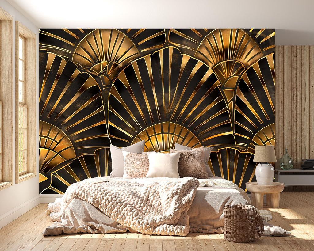 Art Deco Gold Wallpaper, Luxury Geometric Wall Mural, Bold Black and Gold Room Accent, Modern Glam Peel and Stick Stylish Wall Decor