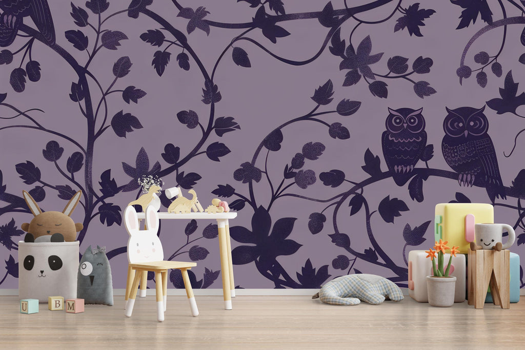 Purple Owl Wallpaper, Stylish Forest Vine Wall Mural, Bold Modern Nature Inspired Removable Peel And Stick Wallpaper For Bedroom, Nursery