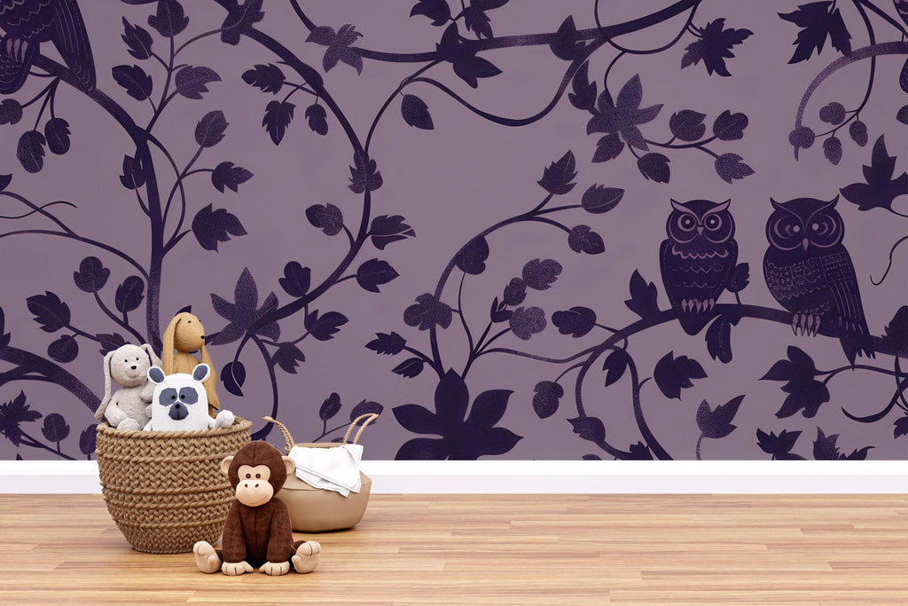 Purple Owl Wallpaper, Stylish Forest Vine Wall Mural, Bold Modern Nature Inspired Removable Peel And Stick Wallpaper For Bedroom, Nursery