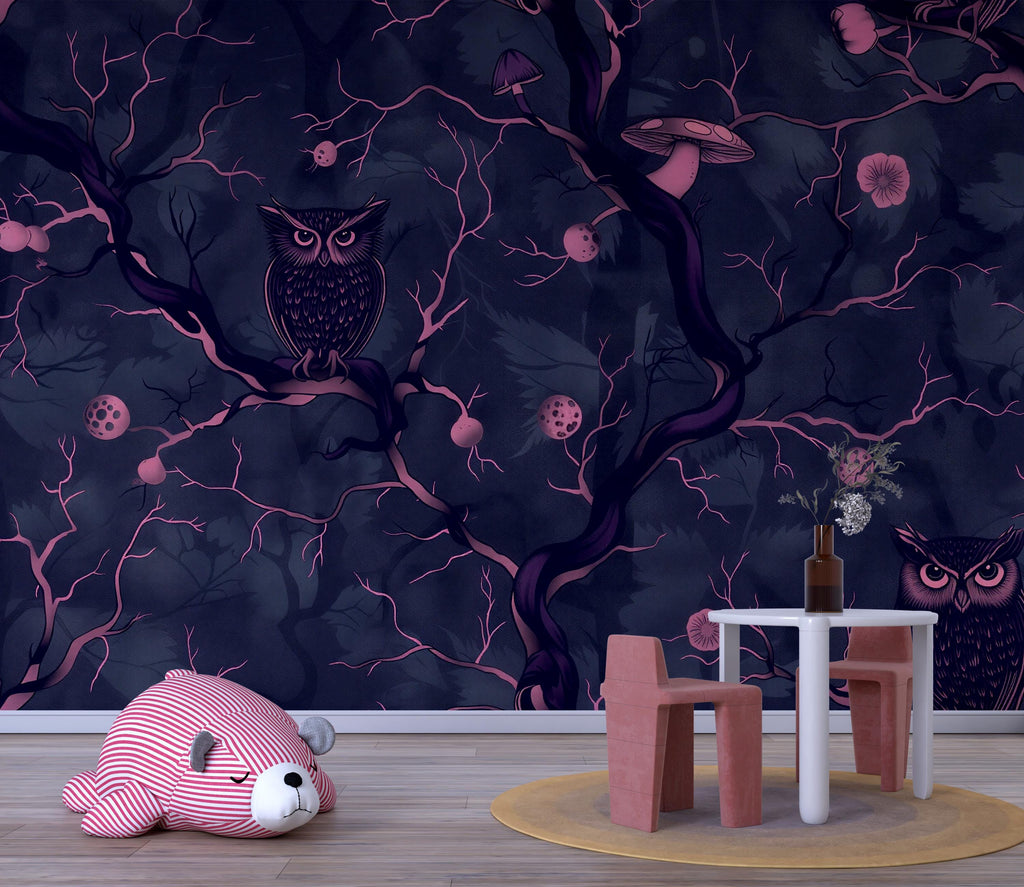 Dark Owl Forest Wallpaper, Bold Modern Night Woodland Wall Mural, Stylish Removable Peel And Stick Wallpaper For Nursery, Bedroom