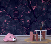 Load image into Gallery viewer, Dark Owl Forest Wallpaper, Bold Modern Night Woodland Wall Mural, Stylish Removable Peel And Stick Wallpaper For Nursery, Bedroom
