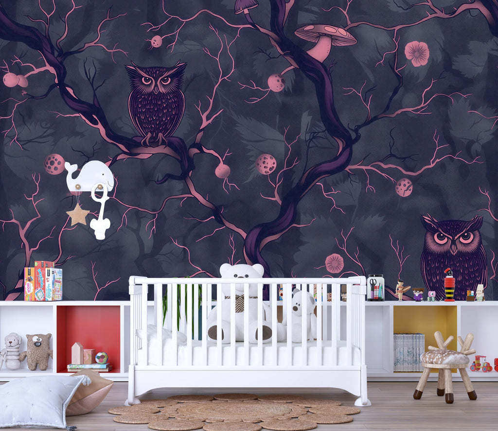 Dark Owl Forest Wallpaper, Bold Modern Night Woodland Wall Mural, Stylish Removable Peel And Stick Wallpaper For Nursery, Bedroom
