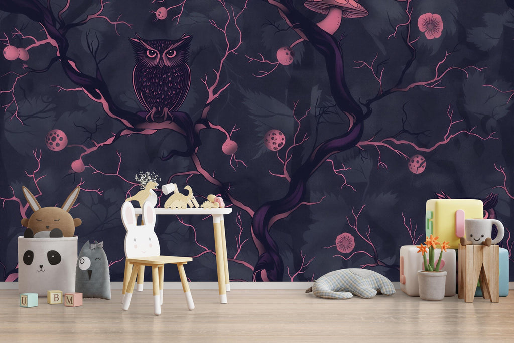 Dark Owl Forest Wallpaper, Bold Modern Night Woodland Wall Mural, Stylish Removable Peel And Stick Wallpaper For Nursery, Bedroom