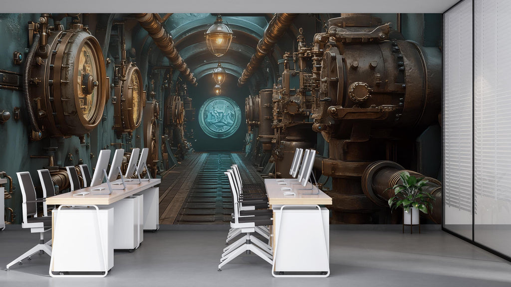 Steampunk Submarine Wallpaper, Bold Industrial Machine Wall Mural, Vintage Retro Sci Fi Peel And Stick Wallpaper For Office, Living Room