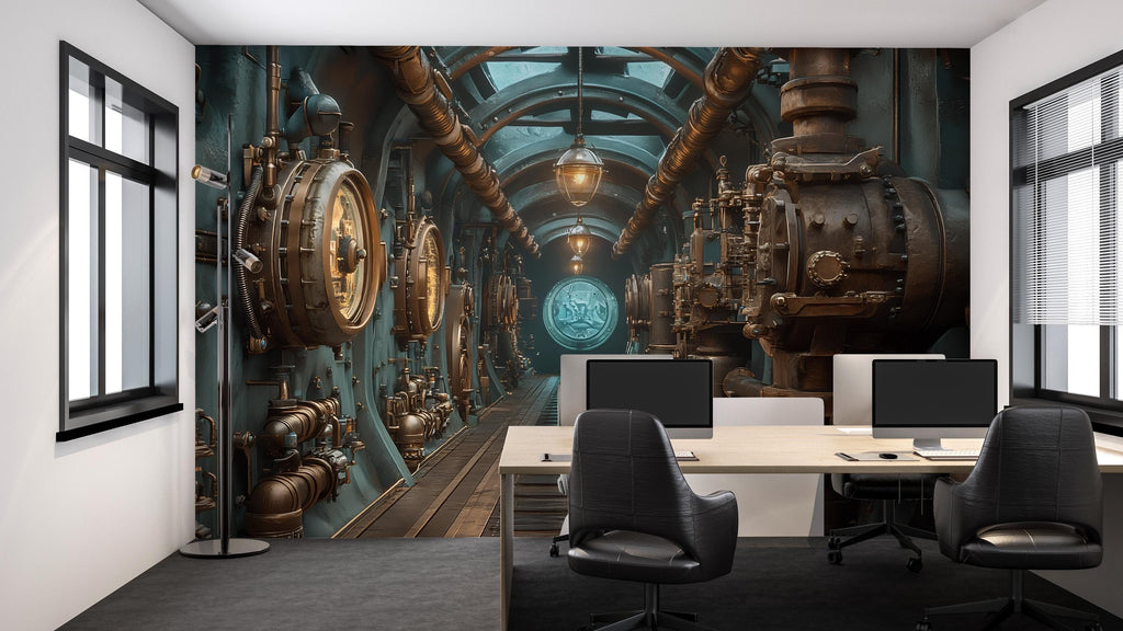 Steampunk Submarine Wallpaper, Bold Industrial Machine Wall Mural, Vintage Retro Sci Fi Peel And Stick Wallpaper For Office, Living Room