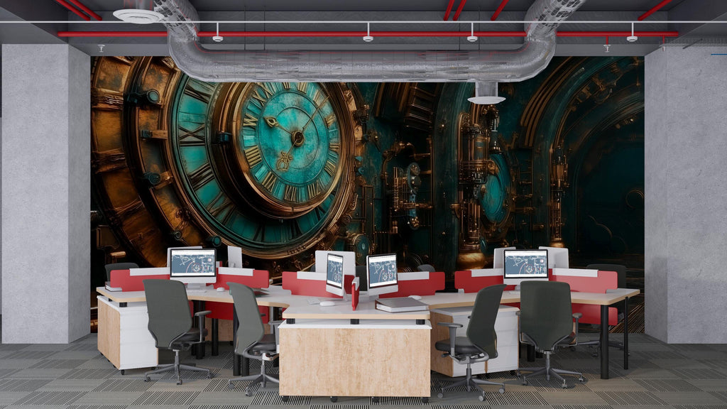Steampunk Clock Wallpaper, Vintage Industrial Gear Wall Mural, Bold Retro Sci Fi Peel And Stick Wallpaper For Bedroom, Office, Gaming Room