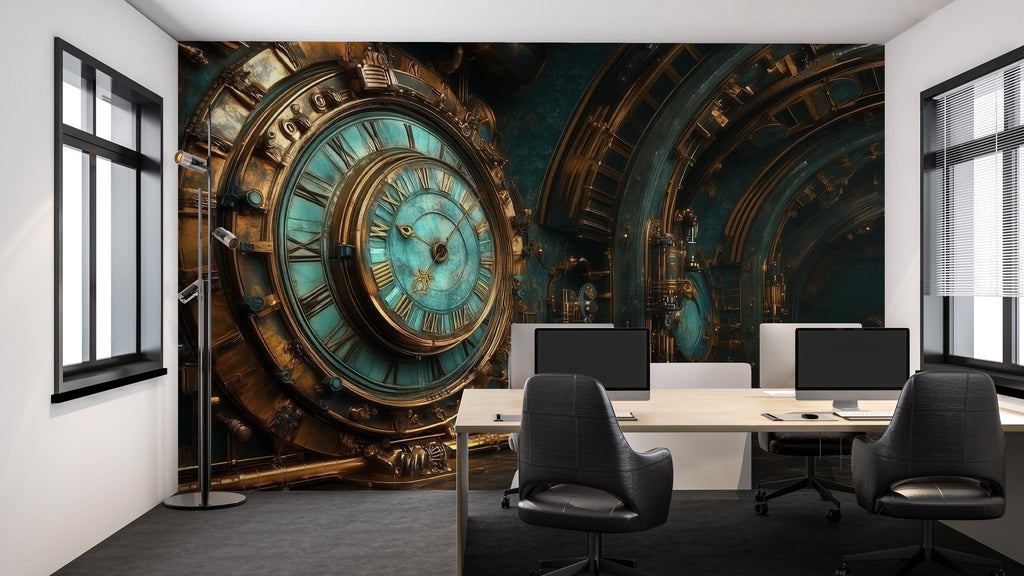 Steampunk Clock Wallpaper, Vintage Industrial Gear Wall Mural, Bold Retro Sci Fi Peel And Stick Wallpaper For Bedroom, Office, Gaming Room