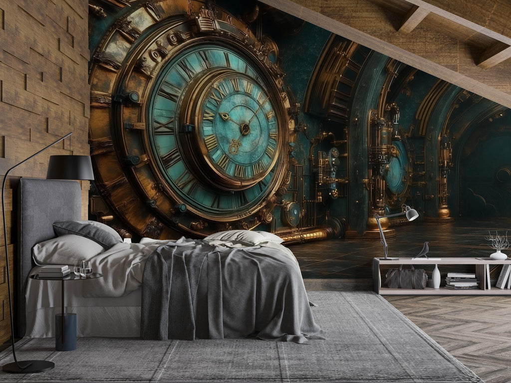 Steampunk Clock Wallpaper, Vintage Industrial Gear Wall Mural, Bold Retro Sci Fi Peel And Stick Wallpaper For Bedroom, Office, Gaming Room
