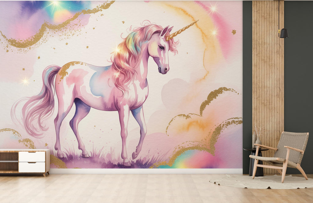 Unicorn Flower Watercolor Wall Graphics Peel and Stick Girl room Wallpaper Nursery Self Adhesive Rainbow nursery decor Mural 900RS