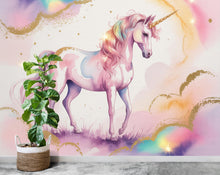Load image into Gallery viewer, Unicorn Flower Watercolor Wall Graphics Peel and Stick Girl room Wallpaper Nursery Self Adhesive Rainbow nursery decor Mural 900RS