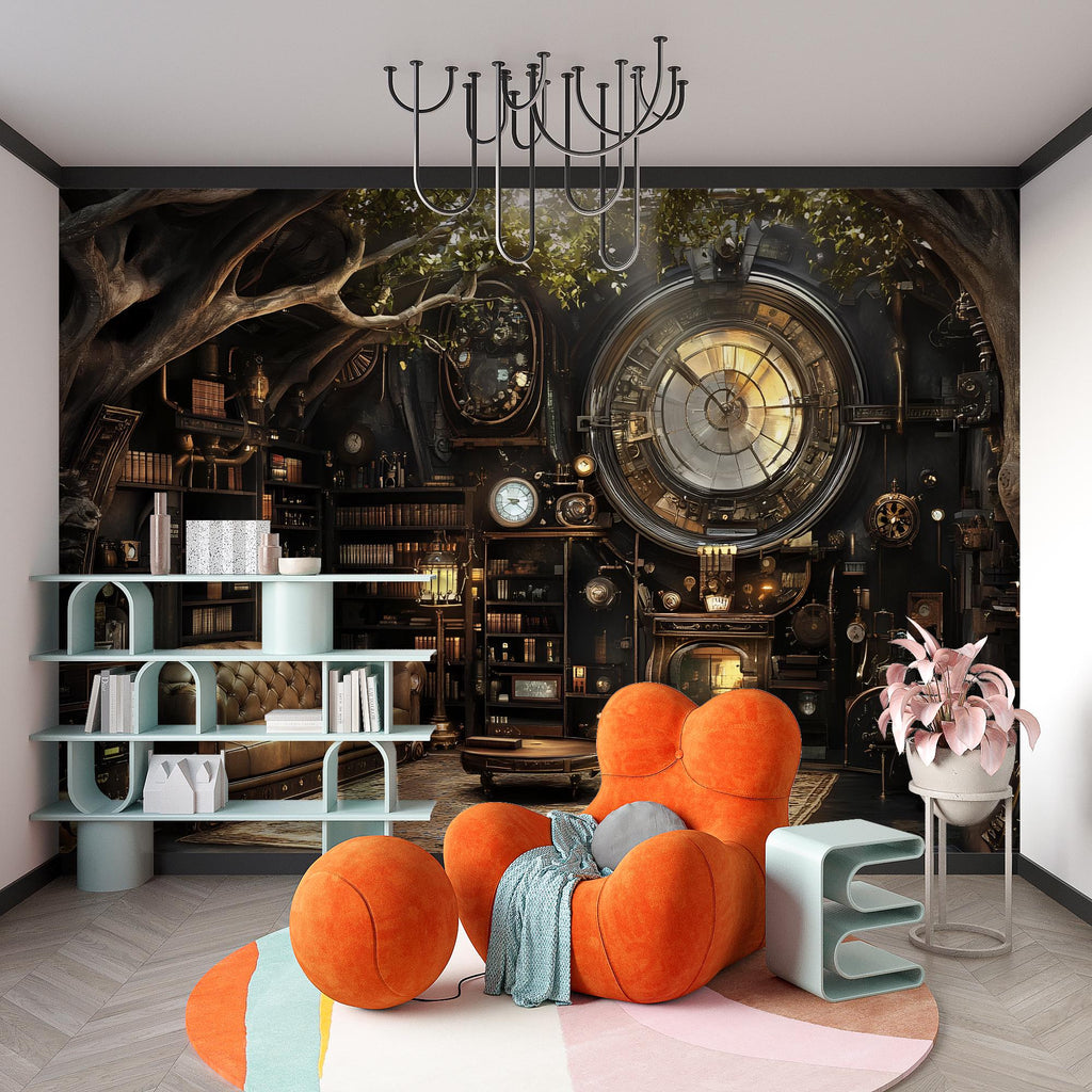 Steampunk Library Wallpaper, Bold Vintage Clock Wall Mural, Industrial Retro Peel And Stick Wallpaper For Bedroom, Loft, Office Or Stylish