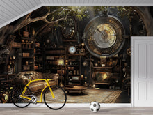 Load image into Gallery viewer, Steampunk Library Wallpaper, Bold Vintage Clock Wall Mural, Industrial Retro Peel And Stick Wallpaper For Bedroom, Loft, Office Or Stylish